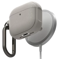 Kép 1/5 - Bluetooth fülhallgató töltőtok tartó, szilikon, vezeték nélküli töltés támogatás, Magsafe kompatibilis, karabiner, Apple AirPods 4 kompatiblis, Ringke Onyx Magnetic, szürke