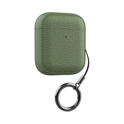 AirPods tok bőrhatású textúrával, kulcstartóval - Khaki, AirPods 1/2