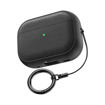 AirPods tok bőrhatású textúrával, kulcstartóval - Fekete, AirPods Pro