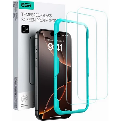 Apple iPhone 16 Pro, Kijelzővédő fólia, ütésálló fólia (az íves részre is!), Tempered Glass (edzett üveg), segéd kerettel, ESR Armorite, fekete