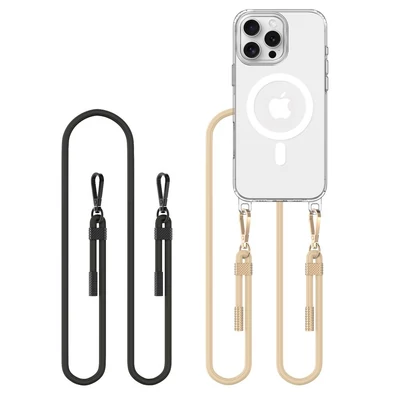 Apple iPhone 16 Pro, Szilikon védőkeret + műanyag hátlap, nyakbaakasztó, Magsafe töltővel kompatibilis, FlexAir Chain Magsafe, átlátszó (fekete, beige)