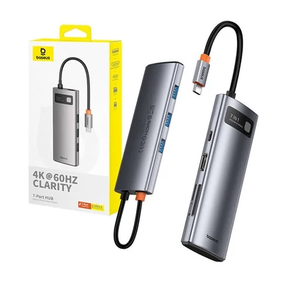 Baseus Gleam Hub 7 in1 USB-C - HDMI4K 60Hz + 3x USB3.0 + PD + SD/TF, szürke