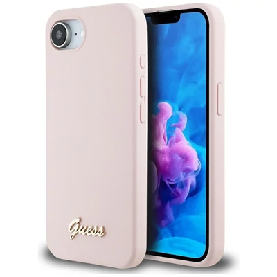 Guess Silicone Script Metal Logo Apple iPhone 16e MagSafe szilikon tok, rózsaszín