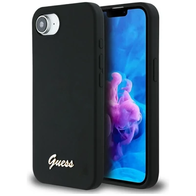 Guess Silicone Script Metal Logo Apple iPhone 16e MagSafe szilikon tok, fekete