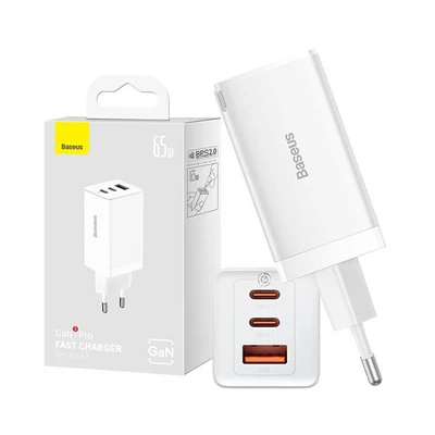 Baseus GaN5 Pro hálózati töltő 2xUSB-C + USB-A, USB-C-USB-C kábellel, 65W, fehér