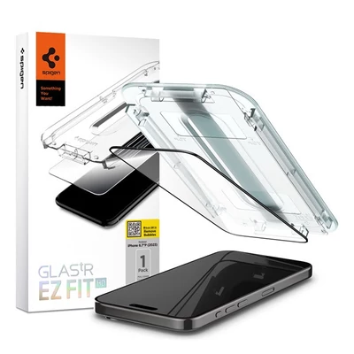 Spigen Glas.tR EZ Fit HD Apple iPhone 15 Pro Max, tempered kijelzővédő fólia felhelyező kerettel, fekete