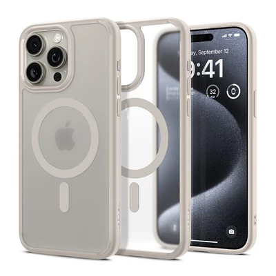 Spigen Ultra Hybrid Magfit Apple iPhone 15 Pro tok, MagSafe, bézs kerettel, átlátszó
