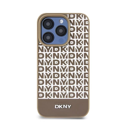 DKNY PU Leather Repeat Pattern Bottom Stripe Apple iPhone 15 Pro tok, barna