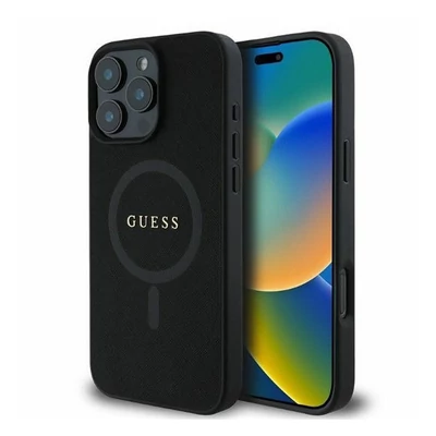 Guess Saffiano Classic Logo Apple iPhone 16 Pro Magsafe kompatibilis hátlap tok, fekete/barna GUHMP16LPSAHMCK