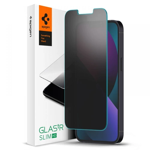 Apple iPhone 13 / 13 Pro / 14 / 16e, Kijelzővédő fólia, ütésálló fólia (az íves részre is!), Tempered Glass (edzett üveg), Spigen Glastr Slim HD Privacy, Clear