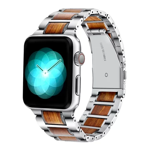 XPRO™ Apple Watch rozsdamentes acél fa berakással szíj Ezüst / Barna Apple Watch 42mm (S1-S3) / 44mm / 45mm / 46mm / 49mm készülékhez