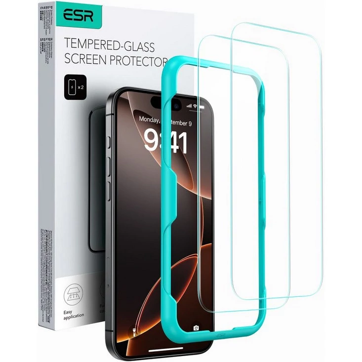 Apple iPhone 16 Pro, Kijelzővédő fólia, ütésálló fólia (az íves részre is!), Tempered Glass (edzett üveg), segéd kerettel, ESR Armorite, fekete
